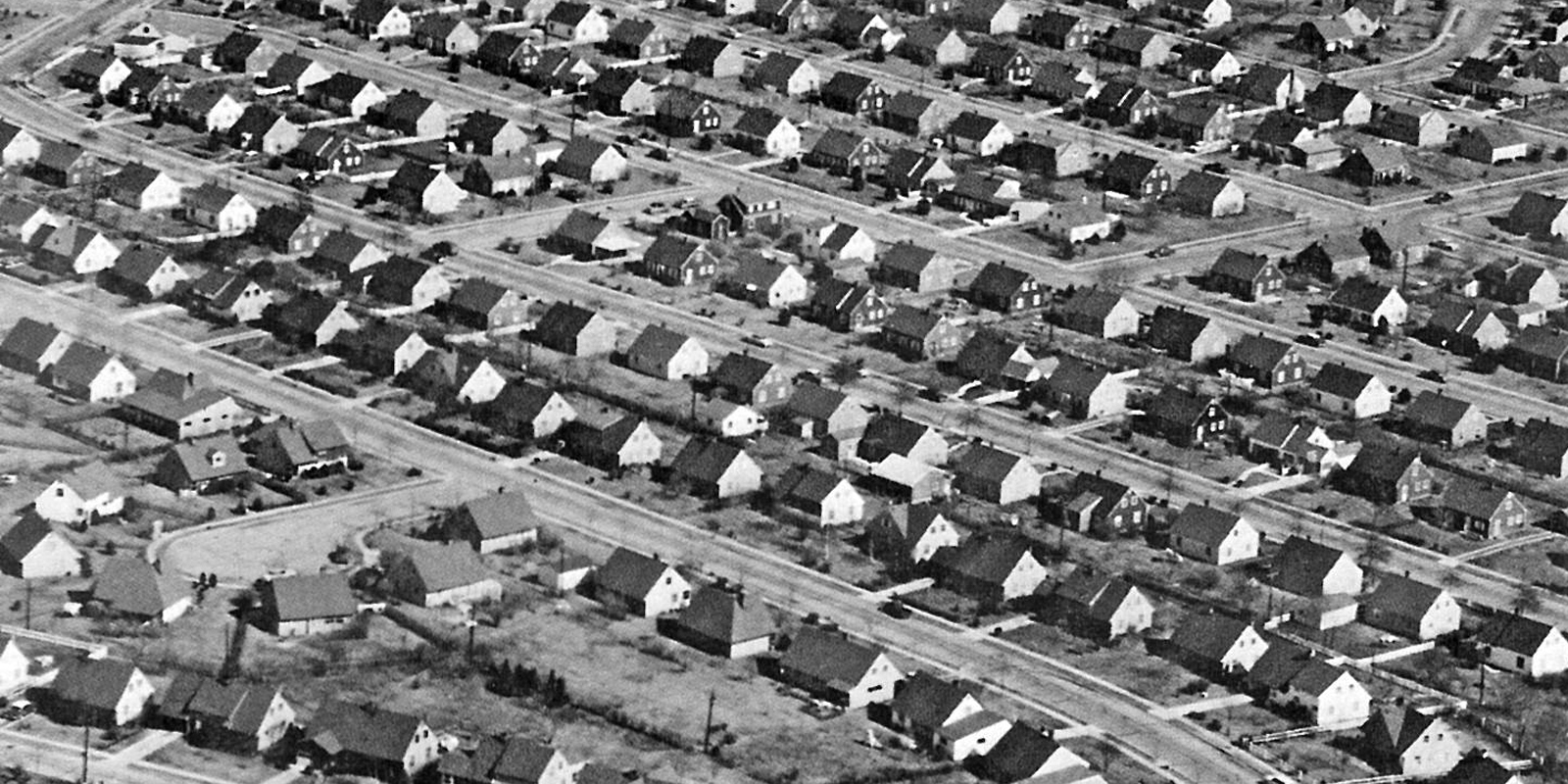 Photograph of lines of identical-looking houses in even rows.