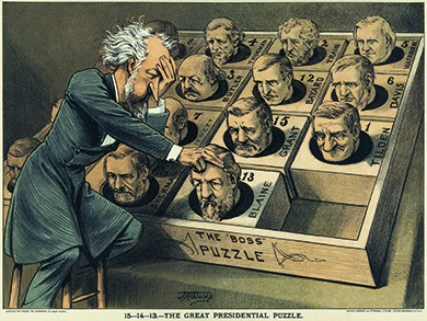 A cartoon shows Roscoe Conkling playing a popular puzzle game of the day with the heads of potential Republican presidential candidates. The caption reads “The Great Presidential Puzzle.”