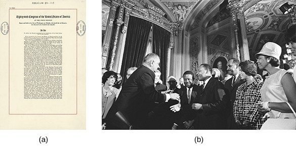 Image (a) is a copy of the Voting Rights Act. Photograph (b) shows President Johnson and Martin Luther King, Jr. who stand with a large group of people, greeting one another in an opulent room.
