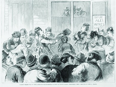 An illustration shows the women of the temperance movement holding an open-air prayer meeting in front of an Ohio saloon. A sign outside the saloon reads 