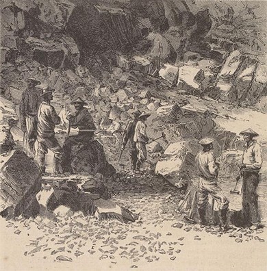 A drawing shows a group of Chinese laborers building a railroad. Several of the workers are conversing with one another.