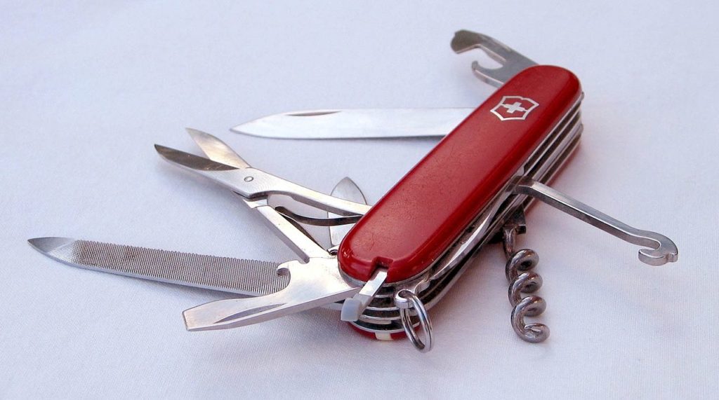 Swiss Army knife with all of the pieces open.