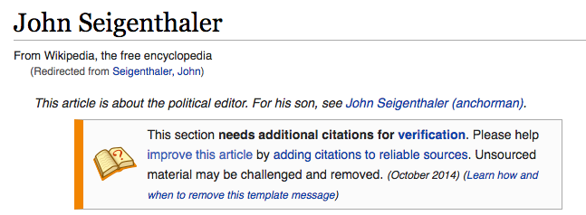 Screen Shot, Top of Wikipedia article for John Seigenthaler.