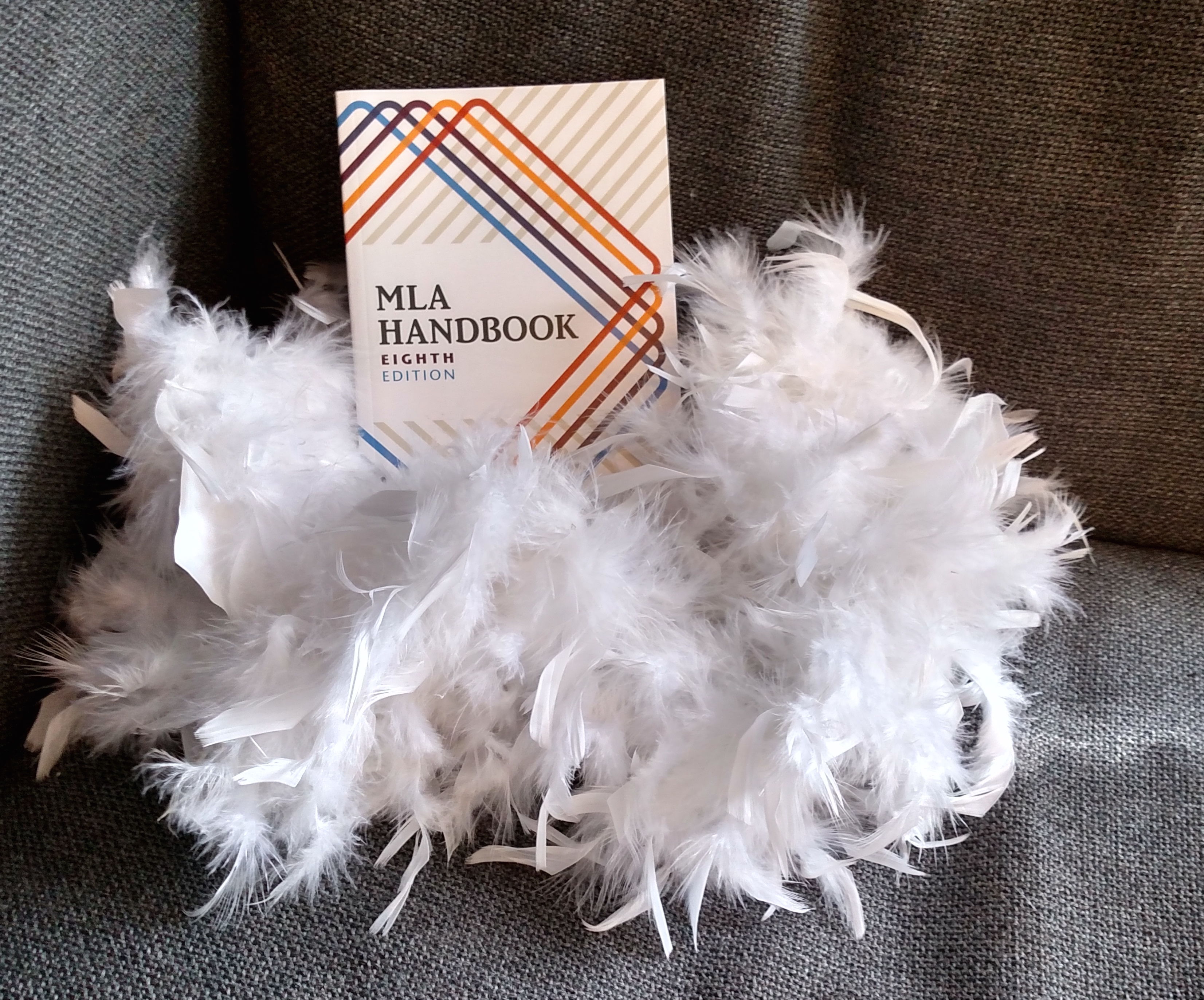 MLA Handbook 8th edition propped on a sofa, wrapped in a white feather boa