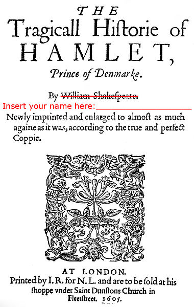Old playbill from Hamlet, showing Shakespeare's name crossed out with a new line of text that says 