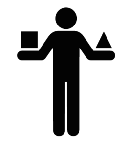 Figure holding a square in one hand and a triangle in the other