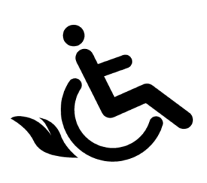 Icon of person in wheelchair, tilted back, flames coming from wheel