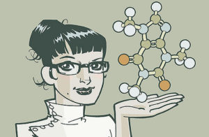 Drawing of a woman holding a molecule model on her palm