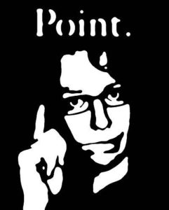 Graphic of a person wearing glasses in high relief, with one finger of one hand up in the air. The title above the head is 
