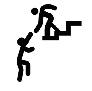 Icon of one figure helping another up stairs