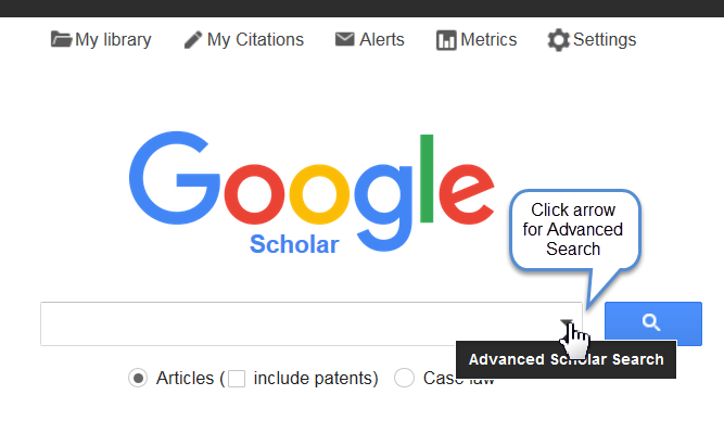 Screenshot of google scholar, showing the drop down option for the advanced search.