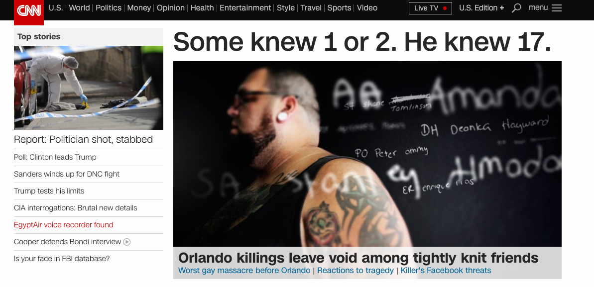 Screen shot of CNN home page. CNN logo at top left, with tab titles along the top: U.S., World, Politics, Money, Opinion, Health, Entertainment, Style, Travel, Sports, Video, Live TV, U.S. Edition, Search, Menu. Top stories on left: