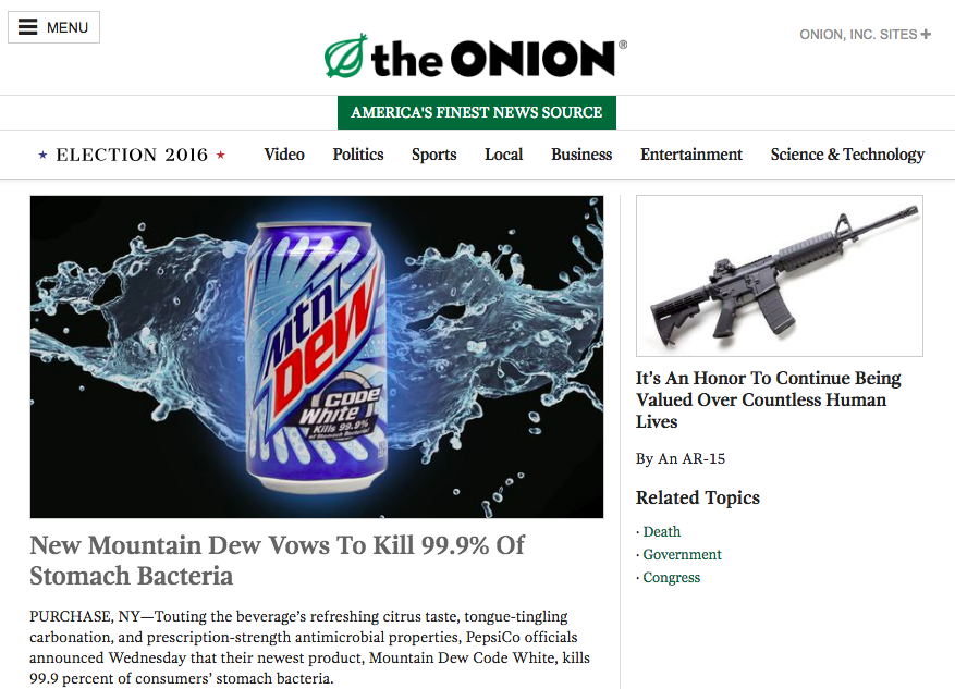Screenshot of The Onion homepage. 
