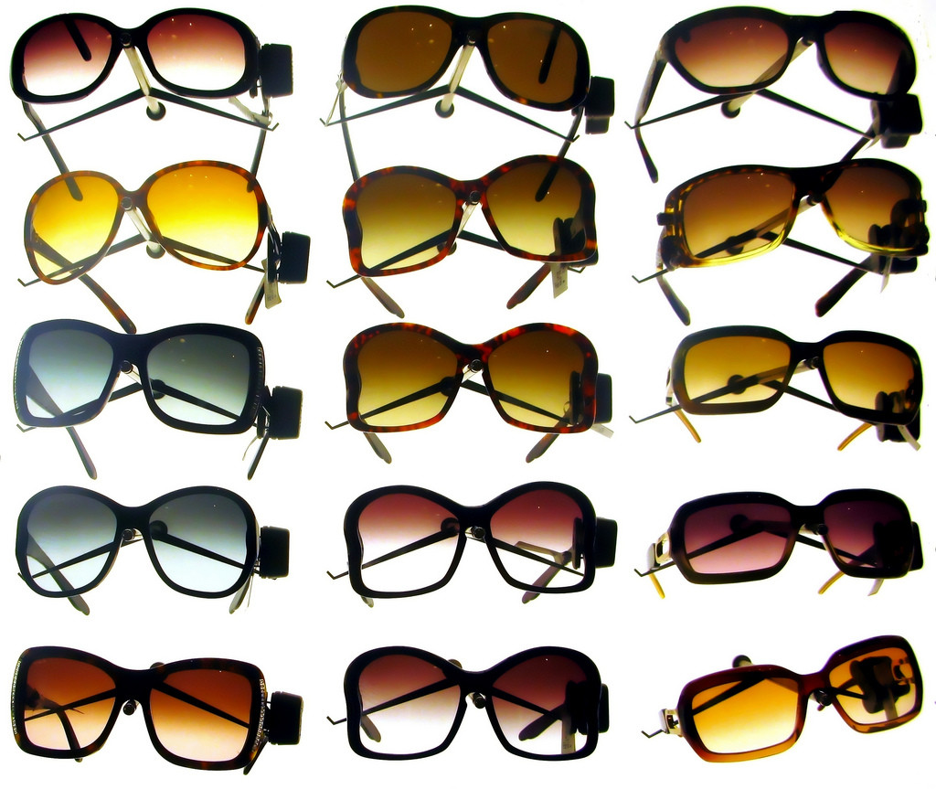 An assortment of large sunglasses.