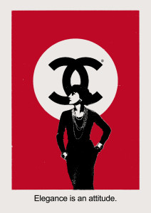 An elegantly dressed woman standing in front of a logo with a C intertwined with a backwards C. The caption says Elegance is an attitude.