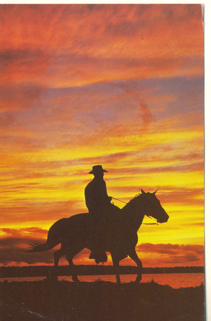 A cowboy rides off into the sunset.