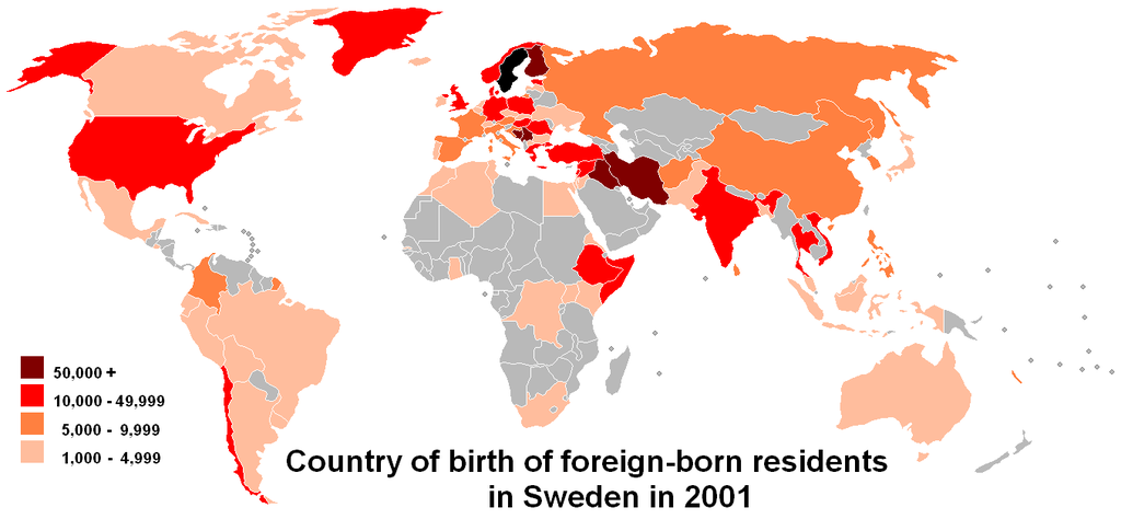 Map of the world showing which countries foreign-born residents in Sweden were born as of 2001. Countries with 50,000 or more include Finland, Syria, Iraq, and Iran. Countries with more than 10,000 include the United States, Chile, India, the United Kingdom, and Somalia. Most countries have at least 1,000, with the exception of most African countries.