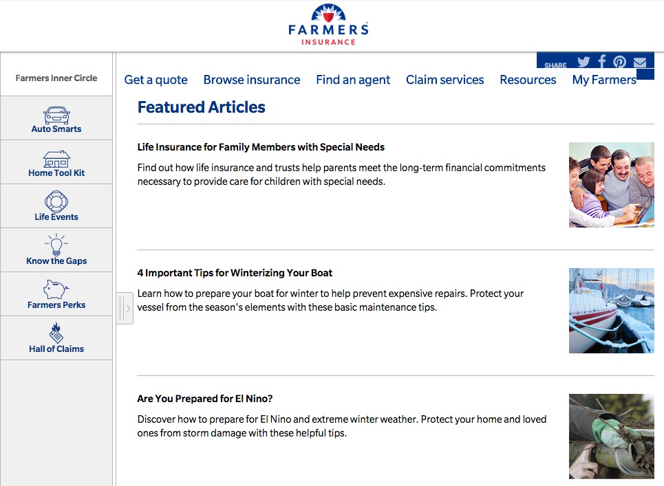 Screenshot of Farmers Insurance website. It has featured articles covering topics such as life insurance for family members with special needs and 4 important tips for winterizing your boat.