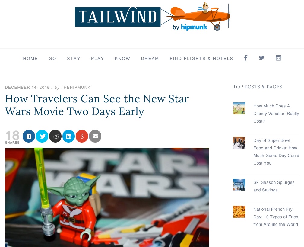 Screenshot of Tailwind by Hipmunk website. Shows article called How Travelers Can See the New Star Wars Movie Two Days Early.