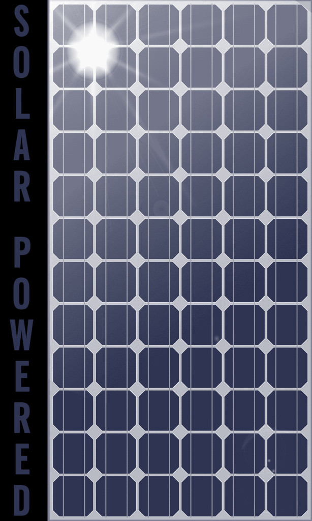 Photo of a solar panel. Along the lefthand side are the words SOLAR POWERED.