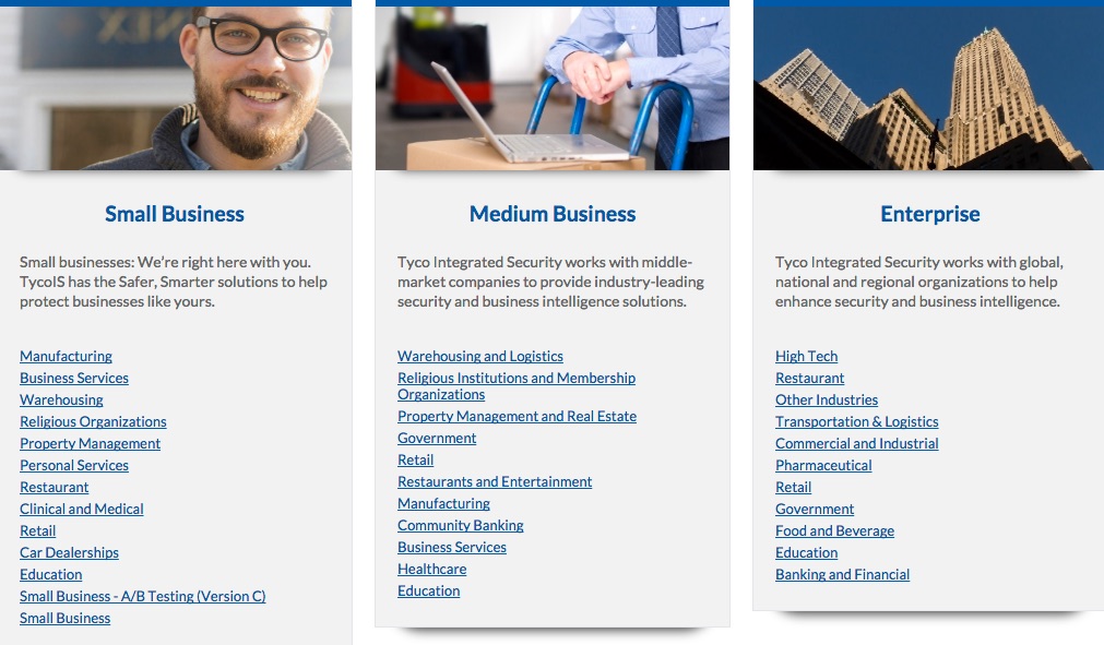 Screenshot of a website. Small business. Small businesses: We're right here with you. TycoIS has the Safer, Smarter solutions to help protect businesses like yours. List of links: Manufacturing, Business Services, Warehousing, Religious Organizations, Property Management, Personal Services, Restaurant, Clinical and Medical, Retail, Car Dealerships, Education, Small Business - A.B. Testing (Version C), Small Business. Medium Business. Tyco Integrated Security works with middle-market companies to provide industry-leading security and business intelligence solutions. List of links: Warehousing and Logistics, religious institutions and membership organizations, property management and real estate, government, retail, restaurants and entertainment, manufacturing, community banking, business services, healthcare, education. Enterprise. Tyco Integrated Security works with global, national, and regional organizations to help enhance security and business intelligence. List of links: High tech, restaurant, other industries, transportation & logistics, commercial and industrial, pharmaceutical, retail, government, food and beverage, education, banking and financial.