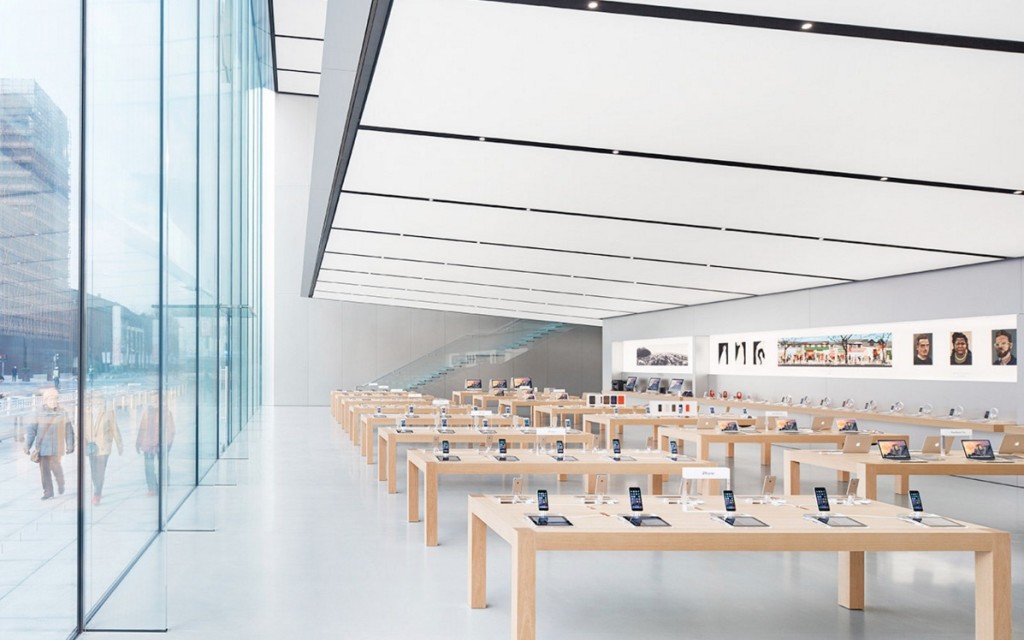 Apple stores are known for their sleek, clean atmosphere. Only display products are visible, and sales associates fetch products for buyers at checkout.