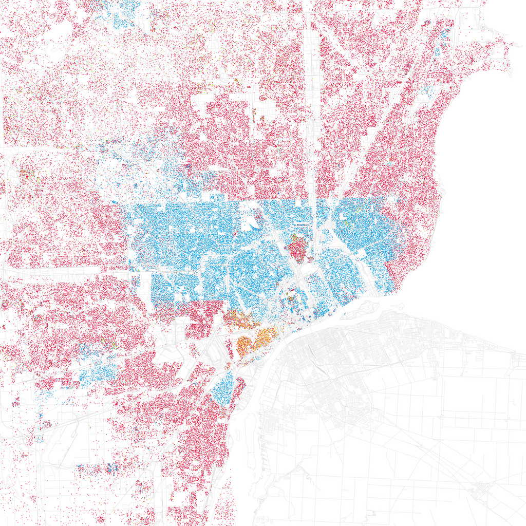 Map of race and ethnicity in Detroit. Red is Caucasian, blue is Black, green is Asian, orange is Hispanic, gray is Other, and each dot is 25 people. Data from Census 2000.
