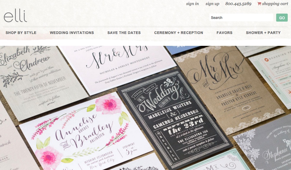 Screenshot of elli's website. It features a large picture of several wedding invitations and save-the-date cards.