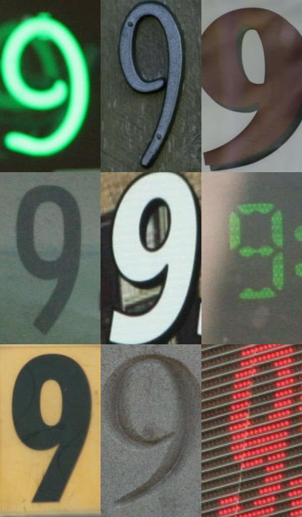 Nine photos of the number nine presented in three rows of three. Each nine is graphically unique.