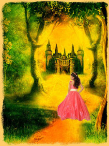 photo of a young girl wearing a bright pink dress, against a hand-drawn landscape with a castle through a forest ahead of her