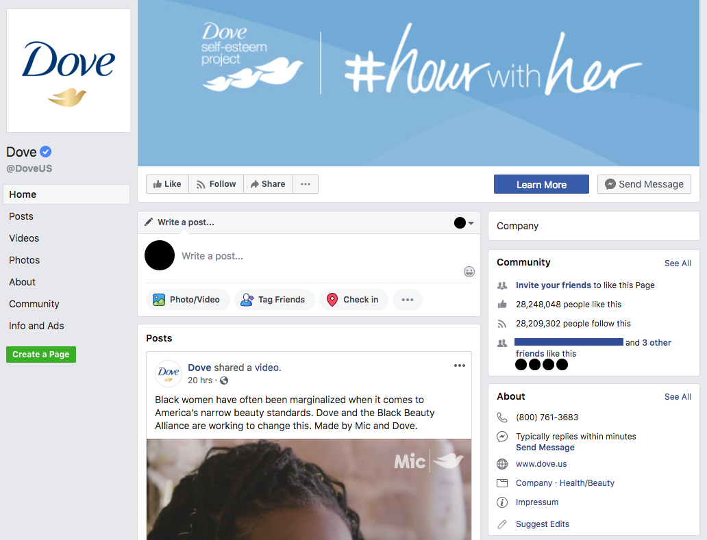 Screenshot of Dove's Hour with Her Twitter homepage. At the top is a blue banner with three doves that reads #hourwithher. 