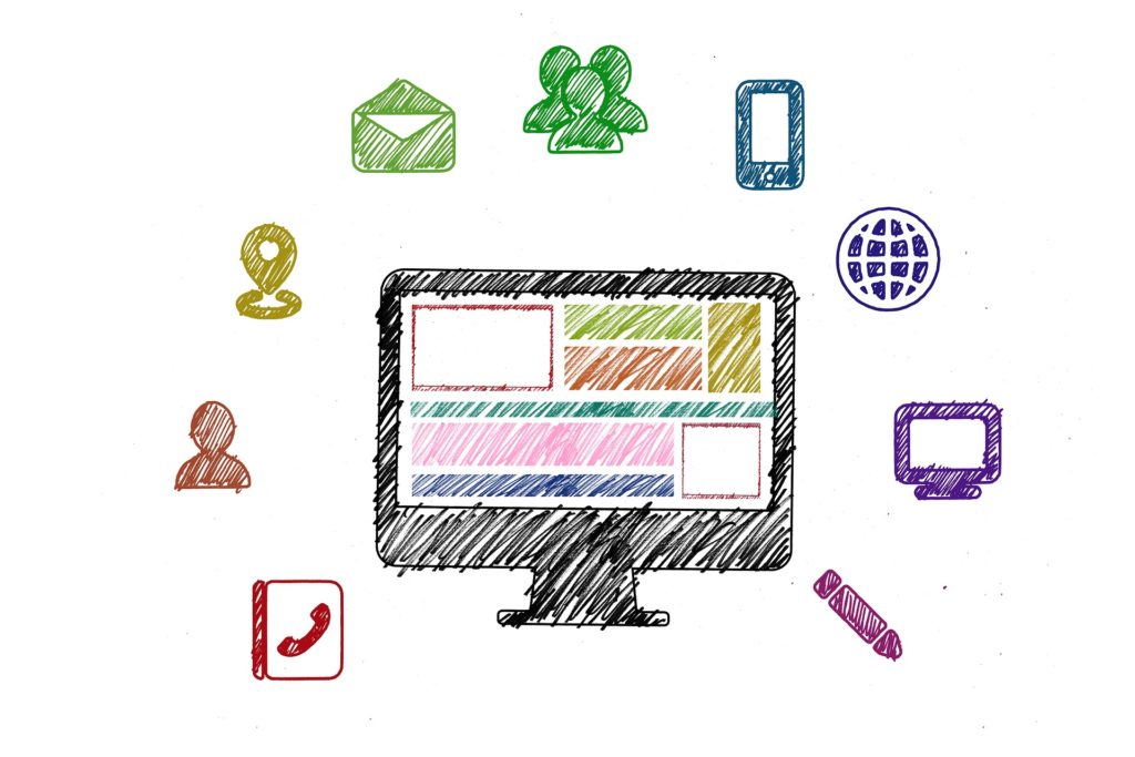 Illustrated image of a computer screen against a white background. The computer screen is circled by icons for contacting someone including: email, phone contacts, Internet, group chat, instant message, cellphone and pencil icons.