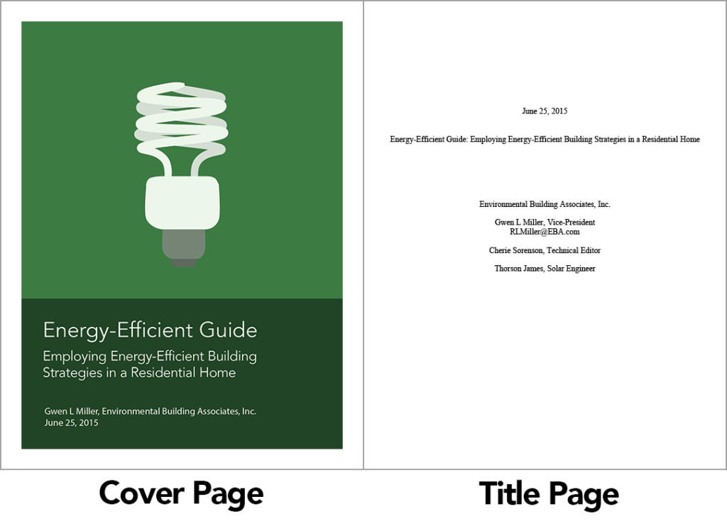 Image of a sample cover page on the left and title page on the right. The cover page is green with the image of a energy efficient lightbulb with the text below 