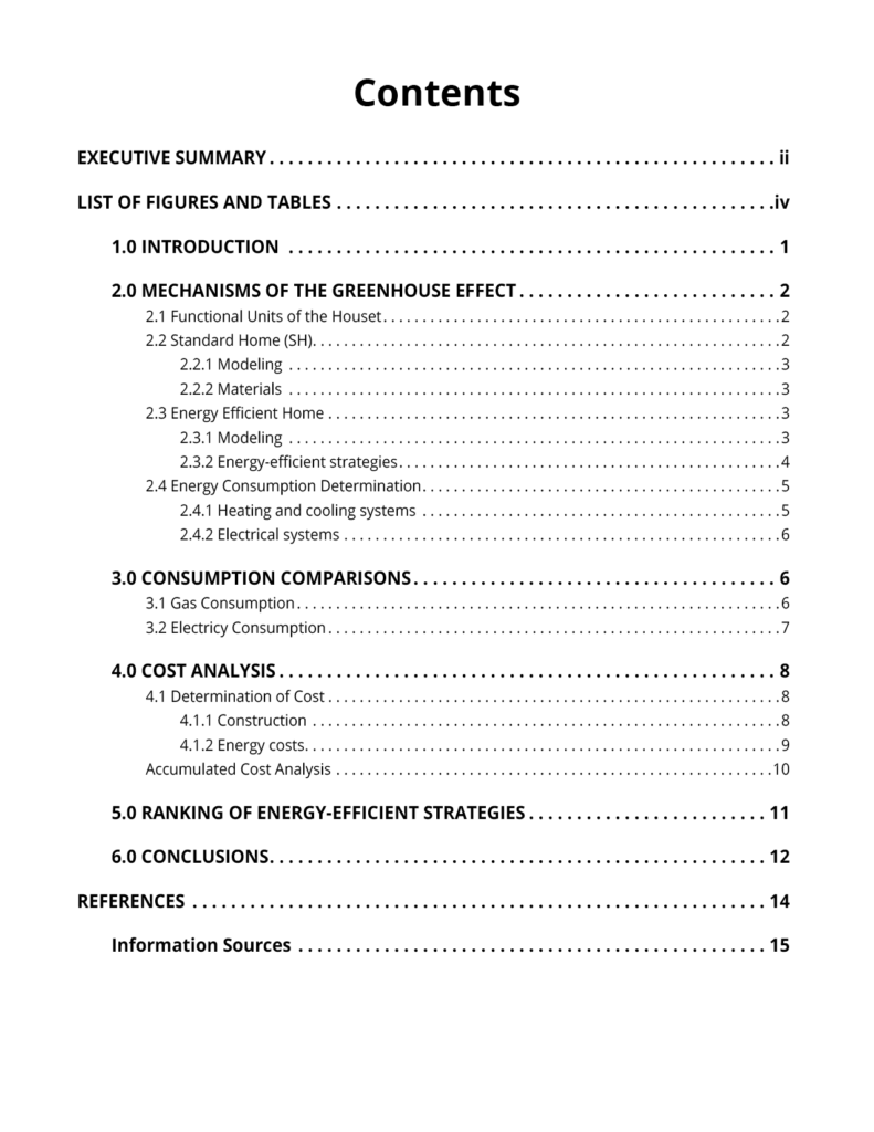 An example table of contents. There are four levels of headings include, each level has an increasing indent from the last. 