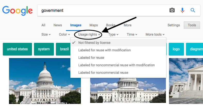 A screenshot of the Google Images page with the Usage Rights dropdown menu open. Options include, 