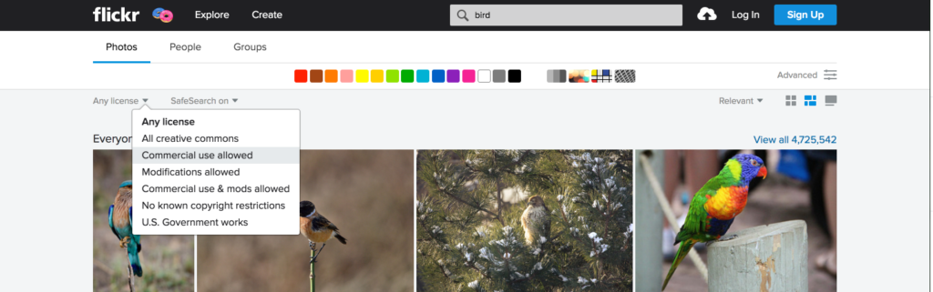 A screenshot of the Flickr website with the permissions drop down menu open. The items on the menu include, 