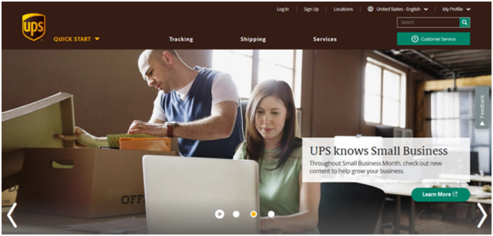 Screenshot of UPS's homepage. There is an image of a couple unpacking and looking on their laptop. The slogan on the homepage reads 
