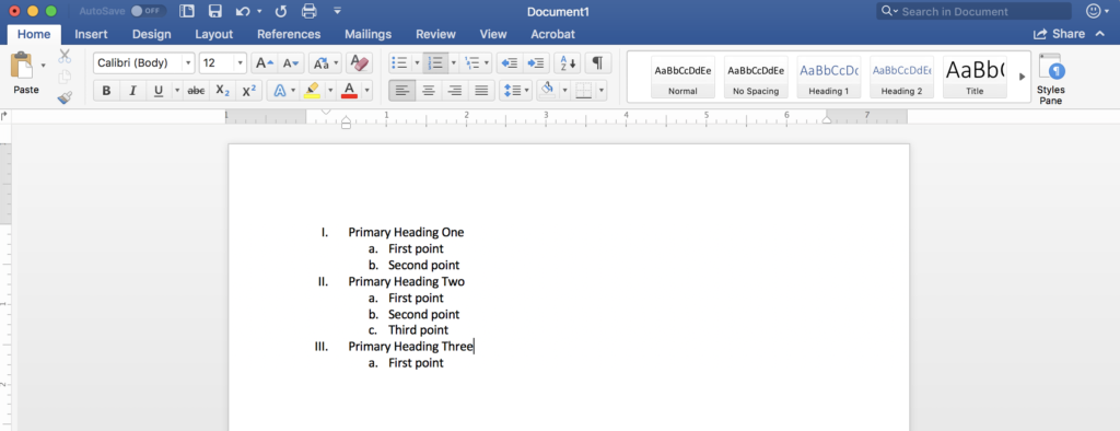 Screenshot of a Microsoft Word document with an example of formatting headings with numerical markers and formatting subheadings with alphabetical markers. The text says 