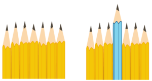 Illustration of two groups of seven pencils in a row. The group of pencils on the right has a blue one as the middle pencil that is much longer than the others. 