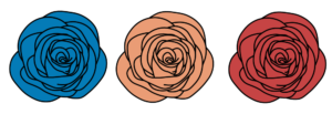 Illustration of three roses. The far left rose is blue, the middle rose is orange, and the far right rose is red. 
