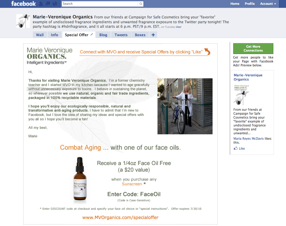 Screenshot of Facebook business page. Text says 