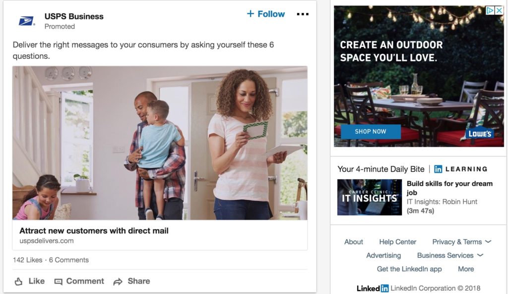 Screenshot of promotional materials on the LinkedIn homepage. On the left is an image of a family and a female is sorting thorugh the mail. The text above the image says 