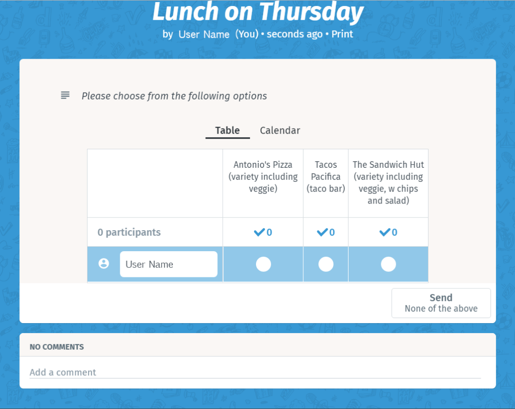 A screenshot from the scheduling platform Doodle. The page shows the event titled 