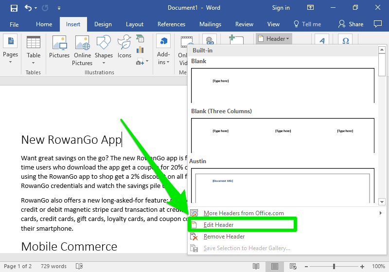 A Microsoft Word document is open with text on it. The header dropdown menu has been opened, displaying a new section. There is a large green arrow pointing towards a green box, inside of that box is the 