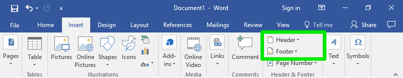 A Microsoft Word document that has been zoomed in on the ribbon. A green box surrounds the header and footer feature.