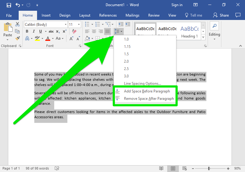A microsoft word document with a section of text on it. A large green arrow is pointing towards the line spacing menu and the dropdown for it has been triggered. In the dropdown menu a green box highlights how to 