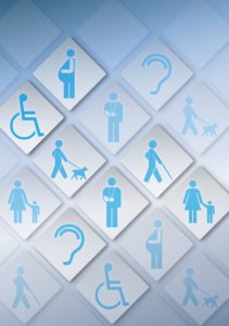 Collage of icons representing different disabilities and impairments. Icons include: man with cane, woman with child, pregnant woman, ear, person with service dog, and person in wheelchair.