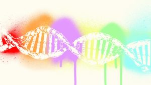 White DNA pattern with a rainbow background.