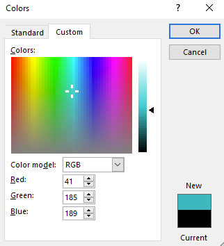Color dialog box with options to select the exact color you wish to have on the documents font.