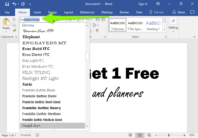 There is a Microsoft Word document open with two lines of text on it. A green arrow is pointing to the font formatting section which is found in the home tab on the ribbon menu. This arrow is pointing to the option to change the font style. The font style has been manually entered to 